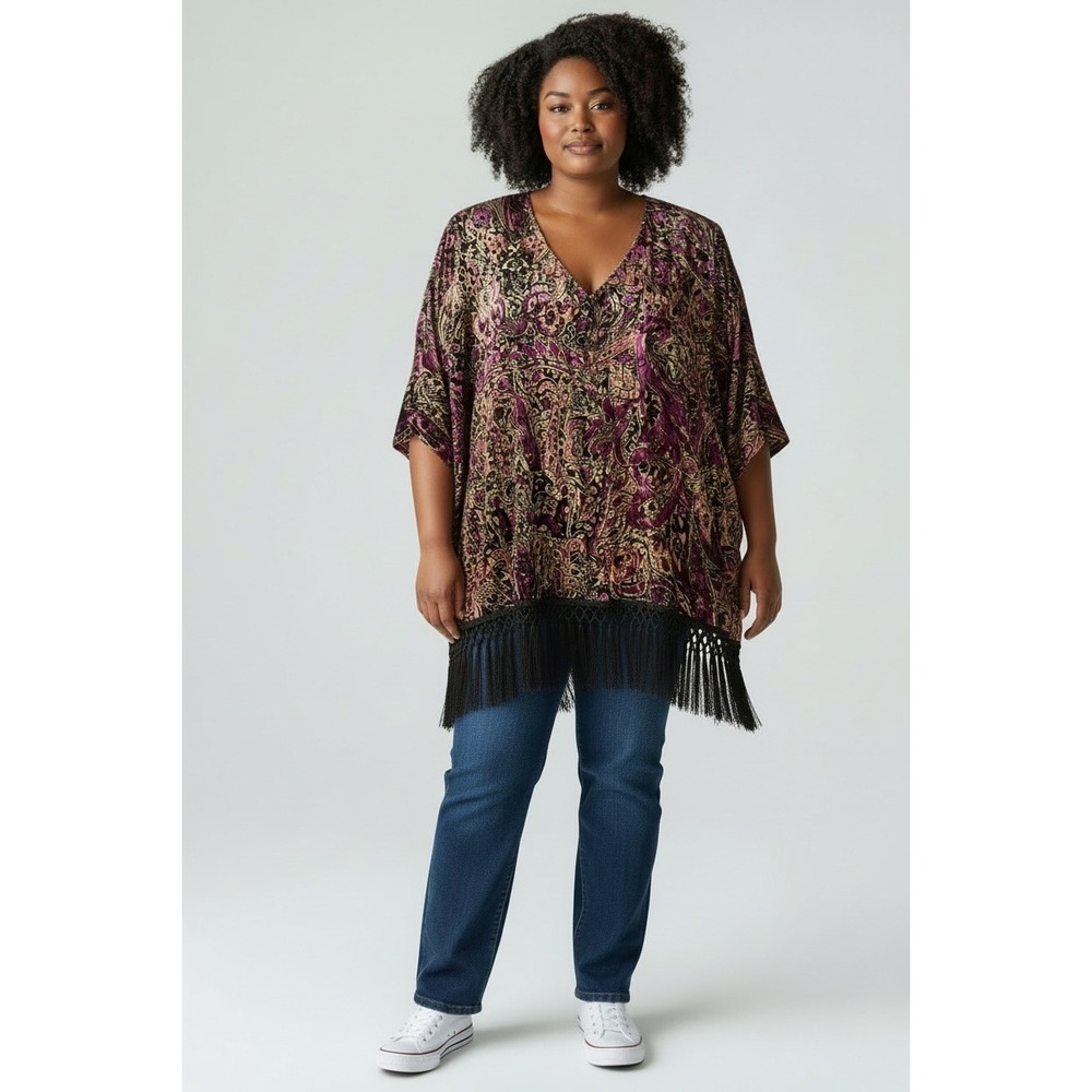 Boho Catherines Burnout Velvet Fringe Top 4X Purple‎ Gold Paisley
